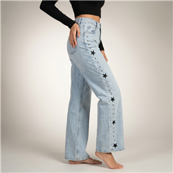 Mujer pantalon jean wideleg bordado estrellas tachas laterales - LU