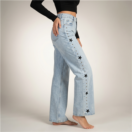Mujer pantalon jean wideleg bordado estrellas tachas laterales - LU