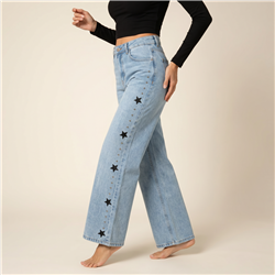 Mujer pantalon jean wideleg bordado estrellas tachas laterales - LU
