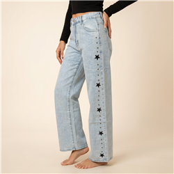 Mujer pantalon jean wideleg bordado estrellas tachas laterales - LU
