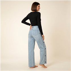 Mujer pantalon jean wideleg bordado estrellas tachas laterales - LU