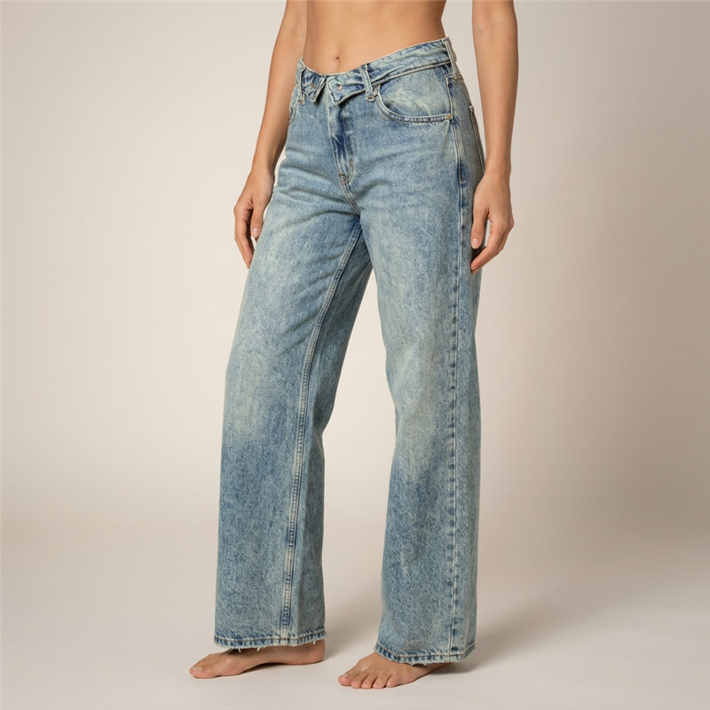 Mujer pantalon jean wide leg tiro corto pequeñas roturas - BEL