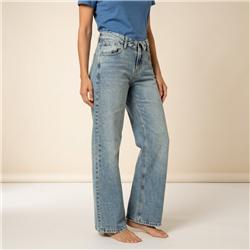 Mujer pantalon jean wide leg tiro corto pequeñas roturas - BEL