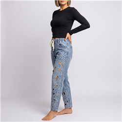 Mujer pantalon jean moon frente recorte flores estrass - OG