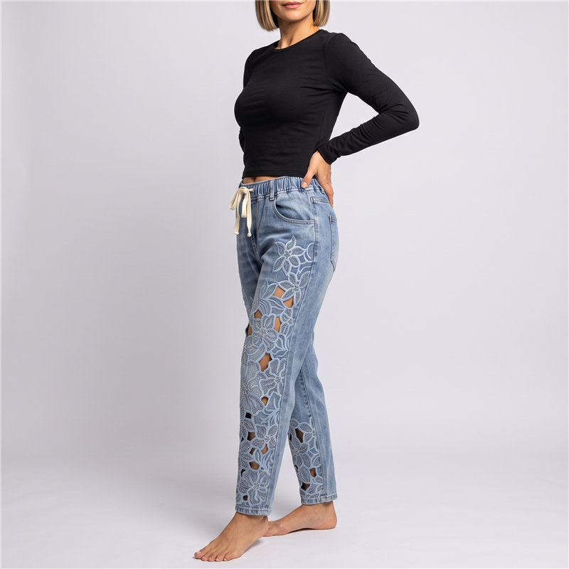 Mujer pantalon jean moon frente recorte flores estrass - OG