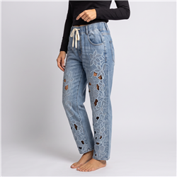 Mujer pantalon jean moon frente recorte flores estrass - OG