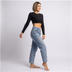 Mujer pantalon jean moon frente recorte flores estrass - OG
