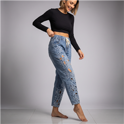 Mujer pantalon jean moon frente recorte flores estrass - OG