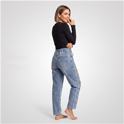 Mujer pantalon jean moon frente recorte flores estrass - OG
