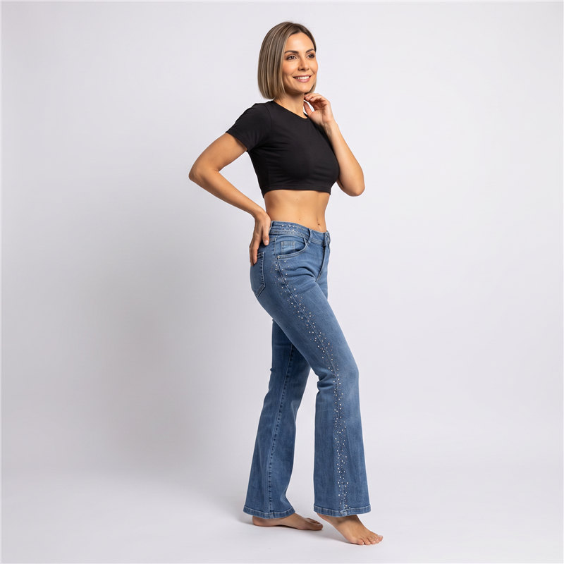 Mujer pantalon jean oxford elastizado laterales cintura brillos - EM