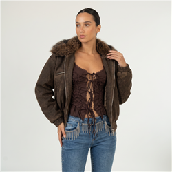 Mujer campera gamuza print cuello piel - EM