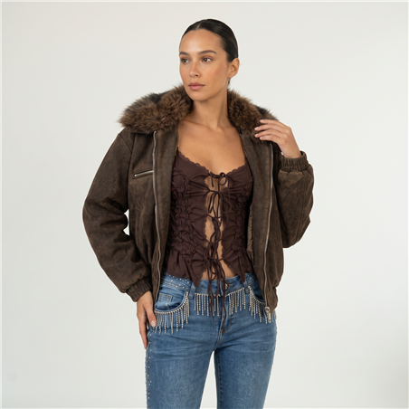 Mujer campera gamuza print cuello piel - EM