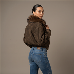 Mujer campera gamuza print cuello piel - EM