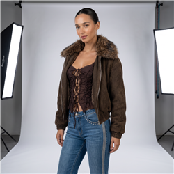Mujer campera gamuza print cuello piel - EM