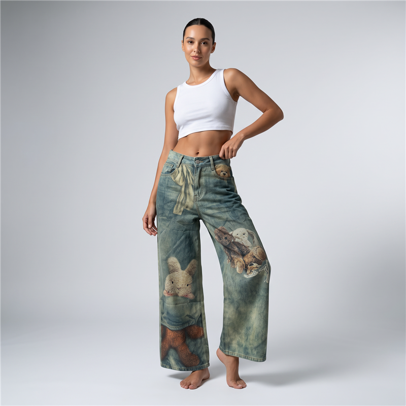 Mujer pantalon jean wide leg estampa OSITOS - OG