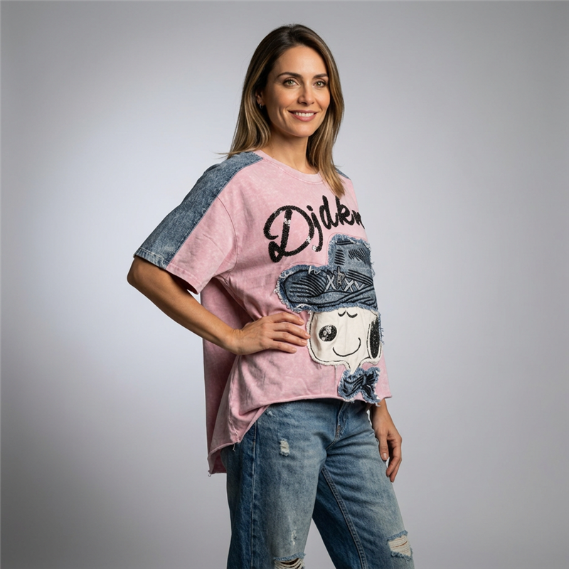 Mujer remeron algodon batic combinado jean lentejuelas SNOOPY - OG