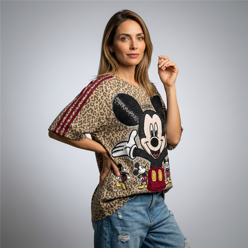 Mujer remeron algodon print estampa mickey oreja strass - OG