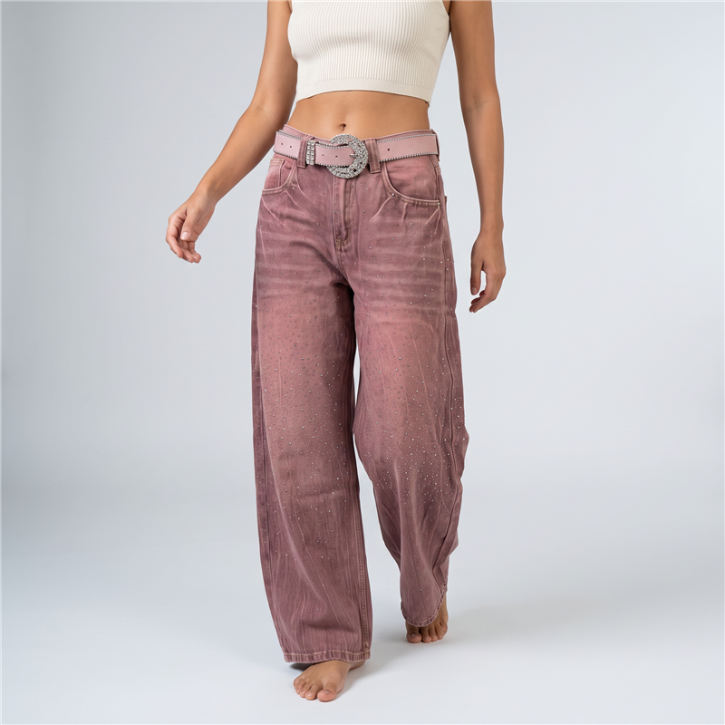 Mujer pantalon jean baggy brillos cinturon strass - OG