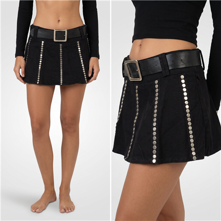 Mujer pollera gabardina frente tachas cinto - W