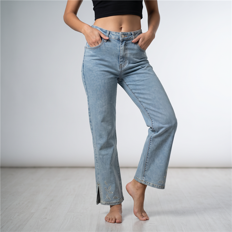 Mujer pantalon jean elastizado botamangas bordado - LU