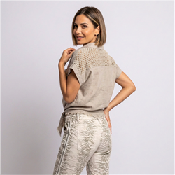 Mujer camisa lino combinado crochet frente nudo ITA - IB
