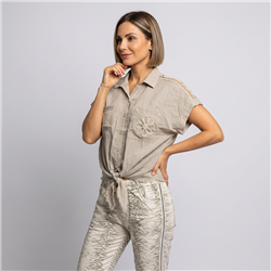 Mujer camisa lino combinado crochet frente nudo ITA - IB