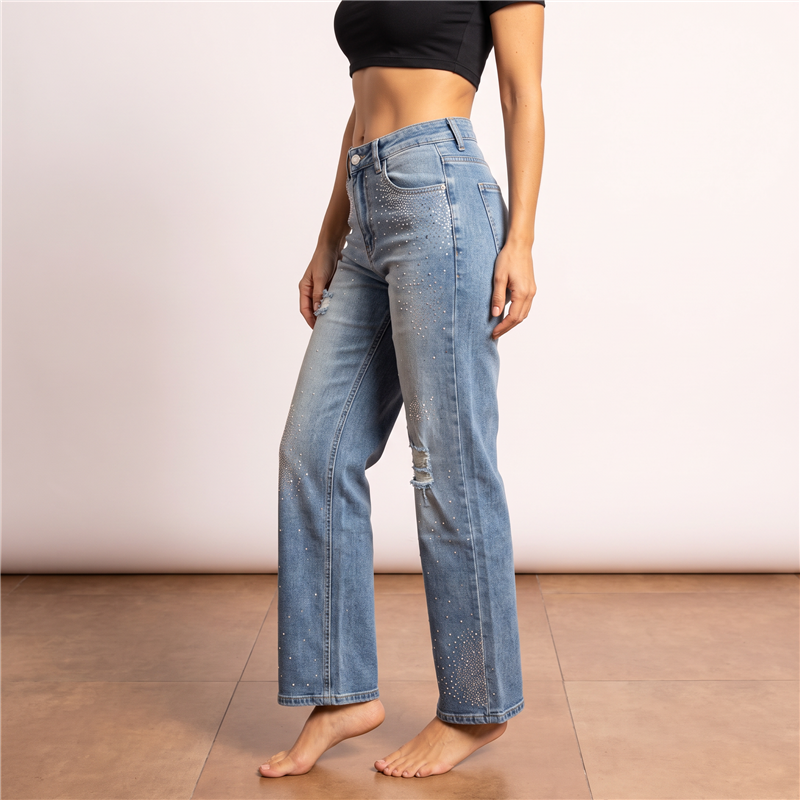 Mujer pantalon jean elastizado frente brillo roturas - OG