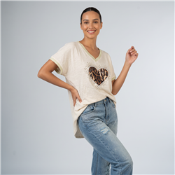 Mujer remera algodon frente corazon print escote V - RI