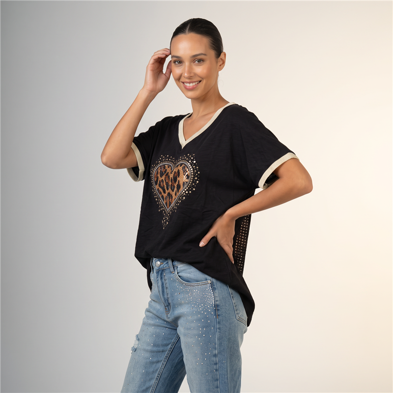 Mujer remera algodon frente corazon print escote V - RI