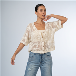 Mujer blusa crochet frente flores brillos  - RI