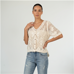 Mujer blusa crochet frente flores brillos  - RI