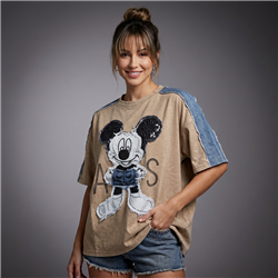 Mujer remera algodon amplia combinada jean aplique mickey - OG