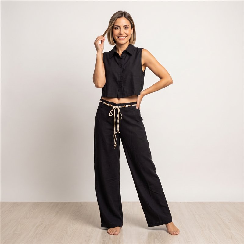 Mujer conjunto lino pantalon blusa cinturon - WU