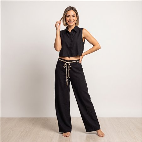 Mujer conjunto lino pantalon blusa cinturon - WU