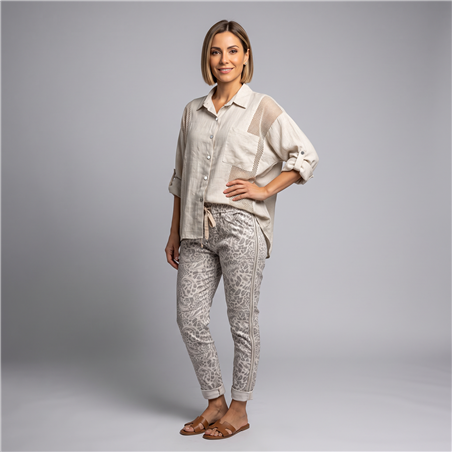 Mujer camisa lino combinada guipur linea italiana - IB