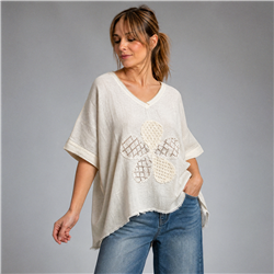 Mujer remeron lino combinado crochet flor lentejuelas italiana - IB