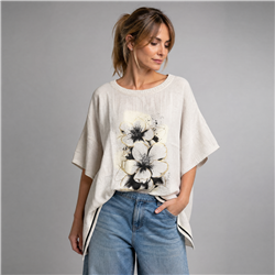 Mujer remeron lino cuello tejido frente estampa flores italiana - IB