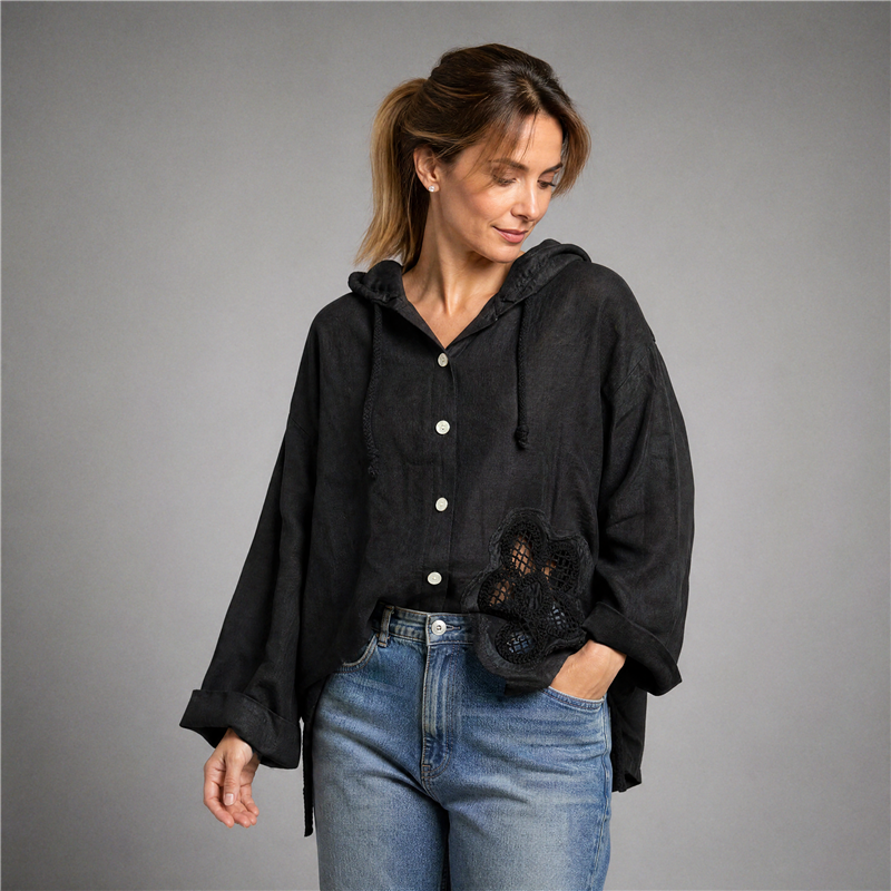 Mujer camisa lino flores crochet linea italiana - IB