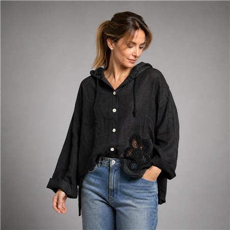 Mujer camisa lino flores crochet linea italiana - IB