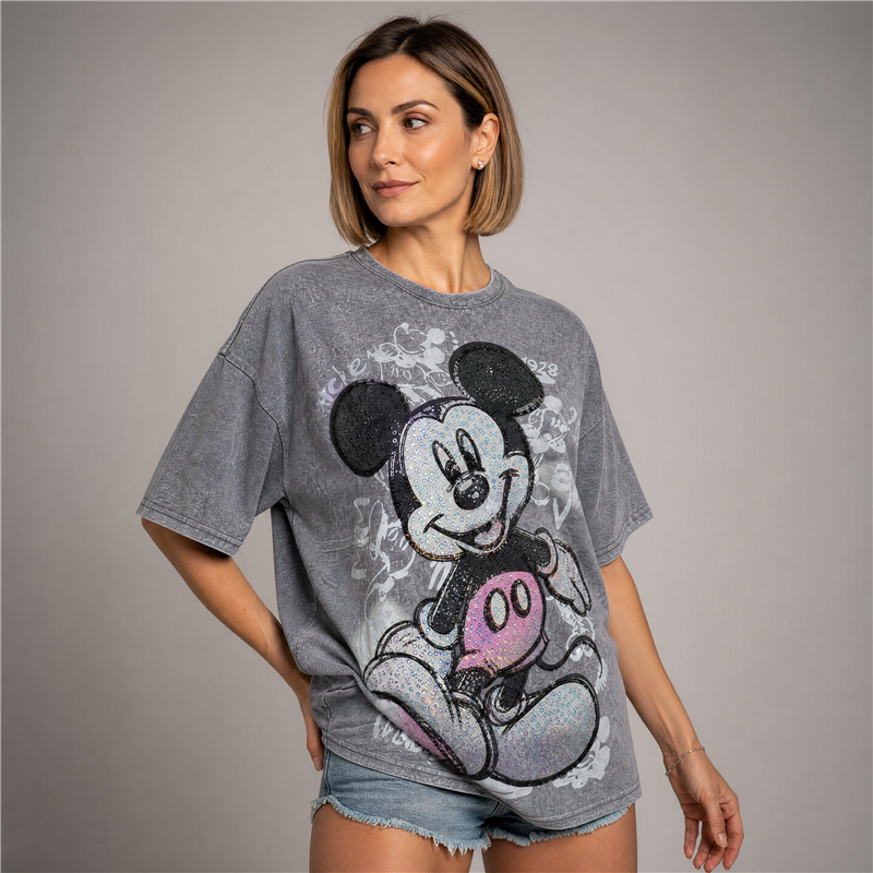 Mujer remera algodon amplia estampa mickey lentejuelas tornasol - OG