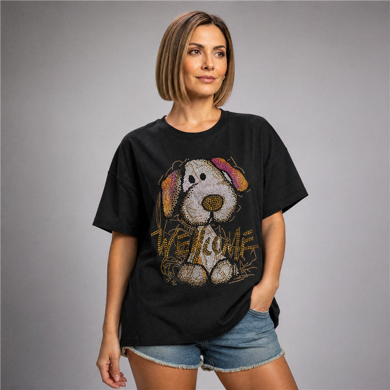Mujer remera algodon amplia estampa perrito brillo - OG