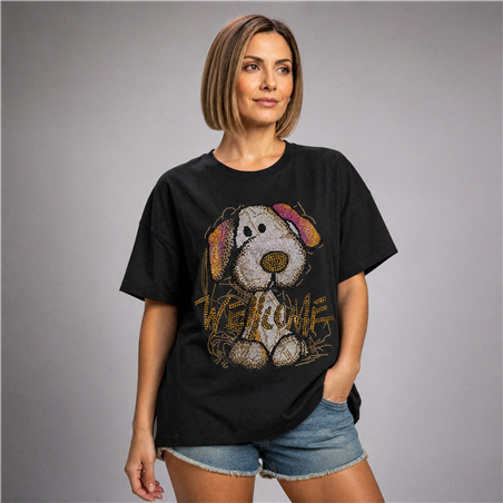 Mujer remera algodon amplia estampa perrito brillo - OG