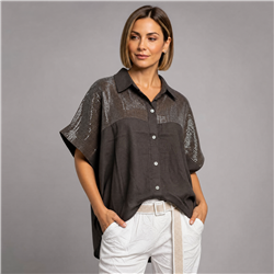 Mujer camisa lino amplia bordada lentejuelas italiana - IB