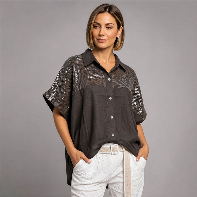 Mujer camisa lino amplia bordada lentejuelas italiana - IB