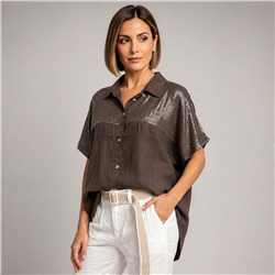 Mujer camisa lino amplia bordada lentejuelas italiana - IB