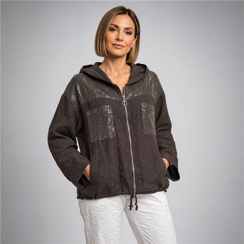 Mujer campera lino capucha bordada lentejuelas italiana - IB