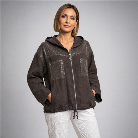 Mujer campera lino capucha bordada lentejuelas italiana - IB