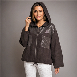 Mujer campera lino capucha bordada lentejuelas italiana - IB