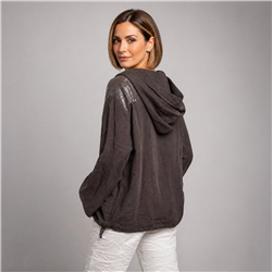 Mujer campera lino capucha bordada lentejuelas italiana - IB
