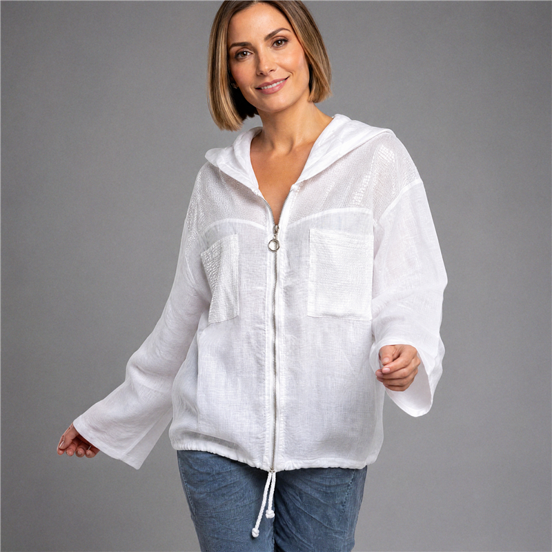 Mujer campera lino capucha bordada lentejuelas italiana - IB